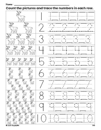 Free printable Christmas reindeer counting worksheet for preschool and pre-k with number tracing practice 1-10, PDF