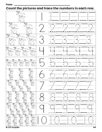 Free printable Christmas reindeer counting worksheet for preschool and pre-k with number tracing practice 1-10, PDF