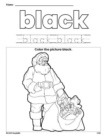 Free Christmas Santa color black coloring page and color worksheet, black worksheet for preschoolers to learn colors, printable PDF