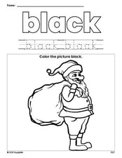 Free Christmas Santa color black coloring page and color worksheet, black worksheet for preschoolers to learn colors, printable PDF