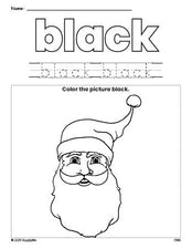 Free Christmas Santa color black coloring page and color worksheet, black worksheet for preschoolers to learn colors, printable PDF