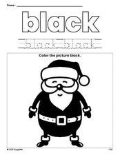 Free Christmas Santa color black coloring page and color worksheet, black worksheet for preschoolers to learn colors, printable PDF