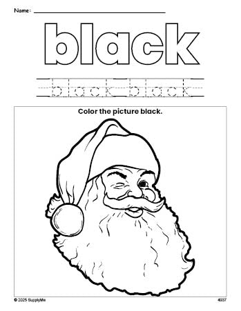 Free Christmas Santa color black coloring page and color worksheet, black worksheet for preschoolers to learn colors, printable PDF