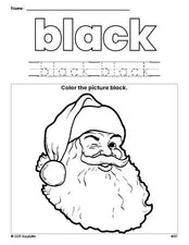 Free Christmas Santa color black coloring page and color worksheet, black worksheet for preschoolers to learn colors, printable PDF