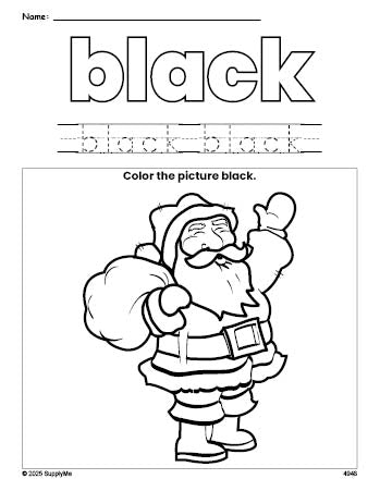 Free Christmas Santa color black coloring page and color worksheet, black worksheet for preschoolers to learn colors, printable PDF