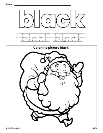 Free Christmas Santa color black coloring page and color worksheet, black worksheet for preschoolers to learn colors, printable PDF