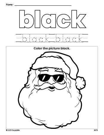 Free Christmas Santa color black coloring page and color worksheet, black worksheet for preschoolers to learn colors, printable PDF