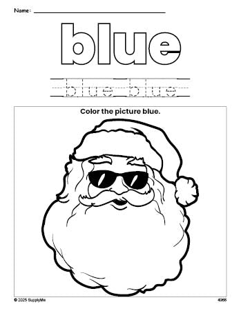 Free Christmas Santa color blue coloring page and color worksheet, blue worksheet for preschoolers to learn colors, printable PDF