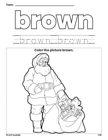 Free Christmas Santa color brown coloring page and color worksheet, brown worksheet for preschoolers to learn colors, printable PDF