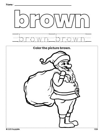 Free Christmas Santa color brown coloring page and color worksheet, brown worksheet for preschoolers to learn colors, printable PDF