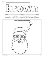 Free Christmas Santa color brown coloring page and color worksheet, brown worksheet for preschoolers to learn colors, printable PDF