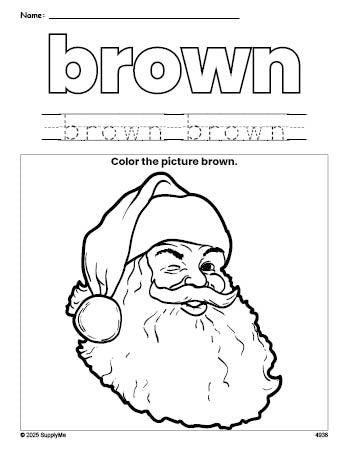 Free Christmas Santa color brown coloring page and color worksheet, brown worksheet for preschoolers to learn colors, printable PDF