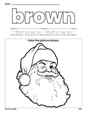 Free Christmas Santa color brown coloring page and color worksheet, brown worksheet for preschoolers to learn colors, printable PDF