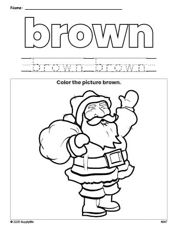 Free Christmas Santa color brown coloring page and color worksheet, brown worksheet for preschoolers to learn colors, printable PDF