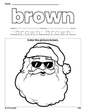 Free Christmas Santa color brown coloring page and color worksheet, brown worksheet for preschoolers to learn colors, printable PDF