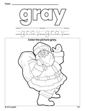 Free Christmas Santa color gray coloring page and color worksheet, gray worksheet for preschoolers to learn colors, printable PDF