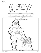 Free Christmas Santa color gray coloring page and color worksheet, gray worksheet for preschoolers to learn colors, printable PDF