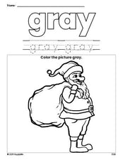 Free Christmas Santa color gray coloring page and color worksheet, gray worksheet for preschoolers to learn colors, printable PDF