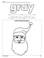 Free Christmas Santa color gray coloring page and color worksheet, gray worksheet for preschoolers to learn colors, printable PDF