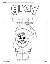 Free Christmas Santa color gray coloring page and color worksheet, gray worksheet for preschoolers to learn colors, printable PDF