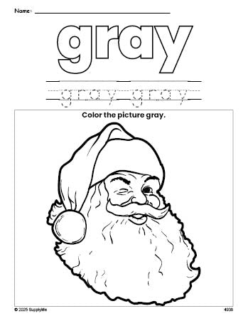 Free Christmas Santa color gray coloring page and color worksheet, gray worksheet for preschoolers to learn colors, printable PDF