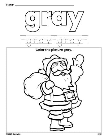 Free Christmas Santa color gray coloring page and color worksheet, gray worksheet for preschoolers to learn colors, printable PDF