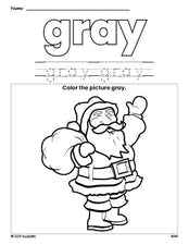 Free Christmas Santa color gray coloring page and color worksheet, gray worksheet for preschoolers to learn colors, printable PDF