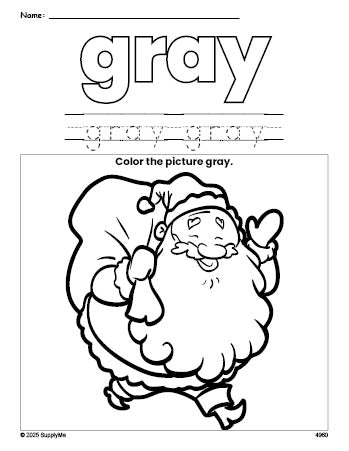 Free Christmas Santa color gray coloring page and color worksheet, gray worksheet for preschoolers to learn colors, printable PDF