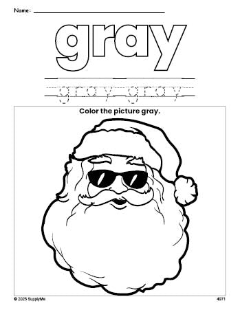 Free Christmas Santa color gray coloring page and color worksheet, gray worksheet for preschoolers to learn colors, printable PDF