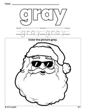 Free Christmas Santa color gray coloring page and color worksheet, gray worksheet for preschoolers to learn colors, printable PDF