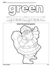 Free Christmas Santa color green coloring page and color worksheet, green worksheet for preschoolers to learn colors, printable PDF