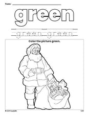 Free Christmas Santa color green coloring page and color worksheet, green worksheet for preschoolers to learn colors, printable PDF