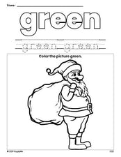 Free Christmas Santa color green coloring page and color worksheet, green worksheet for preschoolers to learn colors, printable PDF