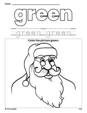 Free Christmas Santa color green coloring page and color worksheet, green worksheet for preschoolers to learn colors, printable PDF