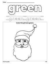 Free Christmas Santa color green coloring page and color worksheet, green worksheet for preschoolers to learn colors, printable PDF