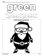 Free Christmas Santa color green coloring page and color worksheet, green worksheet for preschoolers to learn colors, printable PDF