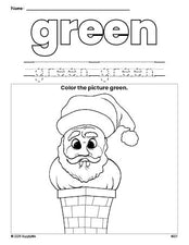 Free Christmas Santa color green coloring page and color worksheet, green worksheet for preschoolers to learn colors, printable PDF