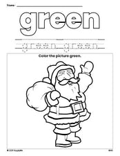 Free Christmas Santa color green coloring page and color worksheet, green worksheet for preschoolers to learn colors, printable PDF