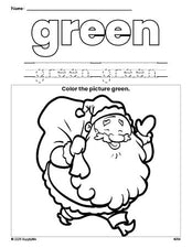 Free Christmas Santa color green coloring page and color worksheet, green worksheet for preschoolers to learn colors, printable PDF