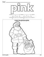 Free Christmas Santa color pink coloring page and color worksheet, pink worksheet for preschoolers to learn colors, printable PDF