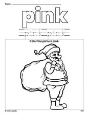 Free Christmas Santa color pink coloring page and color worksheet, pink worksheet for preschoolers to learn colors, printable PDF