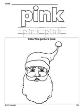 Free Christmas Santa color pink coloring page and color worksheet, pink worksheet for preschoolers to learn colors, printable PDF