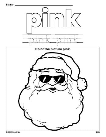 Free Christmas Santa color pink coloring page and color worksheet, pink worksheet for preschoolers to learn colors, printable PDF