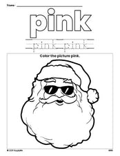 Free Christmas Santa color pink coloring page and color worksheet, pink worksheet for preschoolers to learn colors, printable PDF