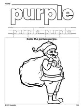 Free Christmas Santa color purple coloring page and color worksheet, purple worksheet for preschoolers to learn colors, printable PDF