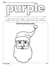 Free Christmas Santa color purple coloring page and color worksheet, purple worksheet for preschoolers to learn colors, printable PDF