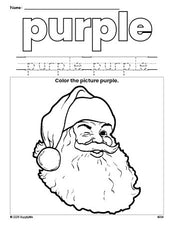 Free Christmas Santa color purple coloring page and color worksheet, purple worksheet for preschoolers to learn colors, printable PDF