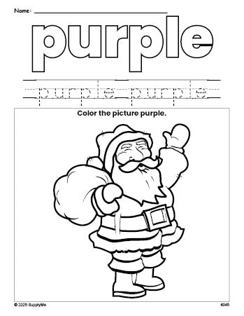 Free Christmas Santa color purple coloring page and color worksheet, purple worksheet for preschoolers to learn colors, printable PDF