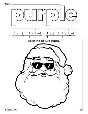 Free Christmas Santa color purple coloring page and color worksheet, purple worksheet for preschoolers to learn colors, printable PDF