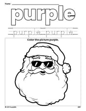 Free Christmas Santa color purple coloring page and color worksheet, purple worksheet for preschoolers to learn colors, printable PDF